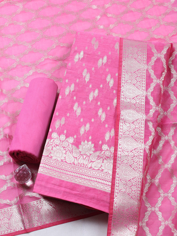 Woven Design Art Silk Unstitched Suit With Pant &amp; Dupatta
