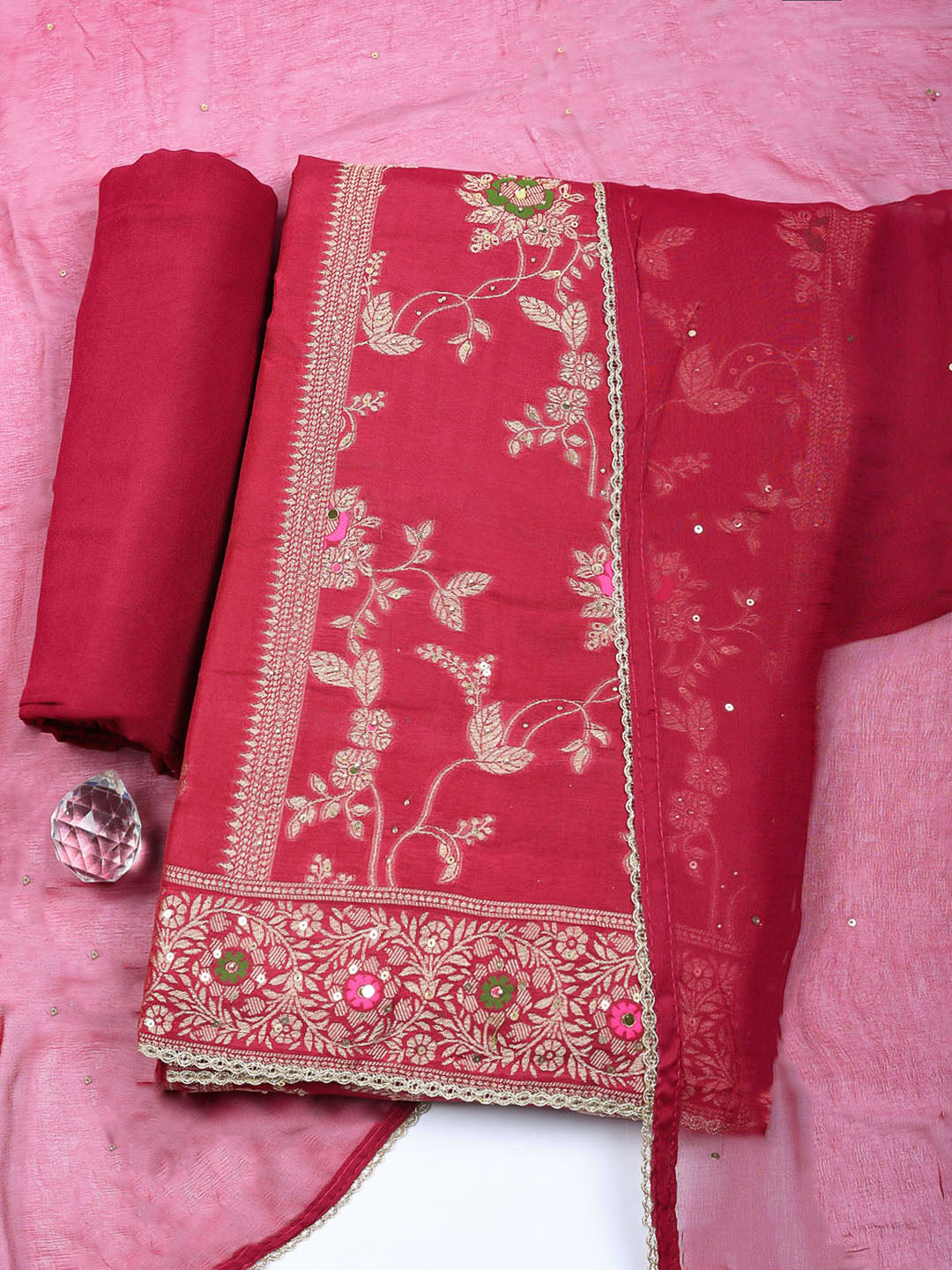 Woven Design Chanderi Unstitched Suit With Pant &amp; Dupatta