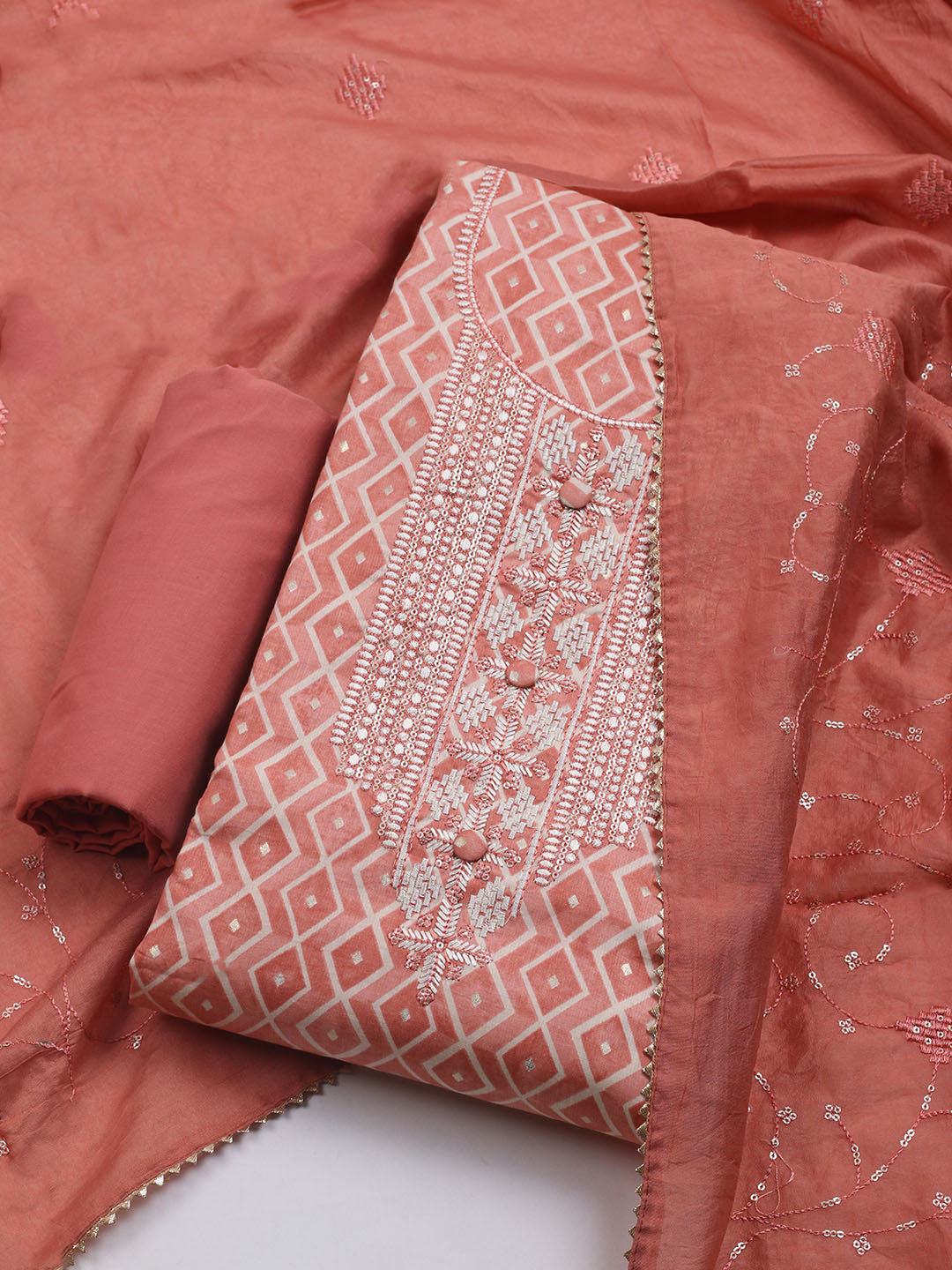 Printed Cotton Blend Unstitched Suit With Dupatta