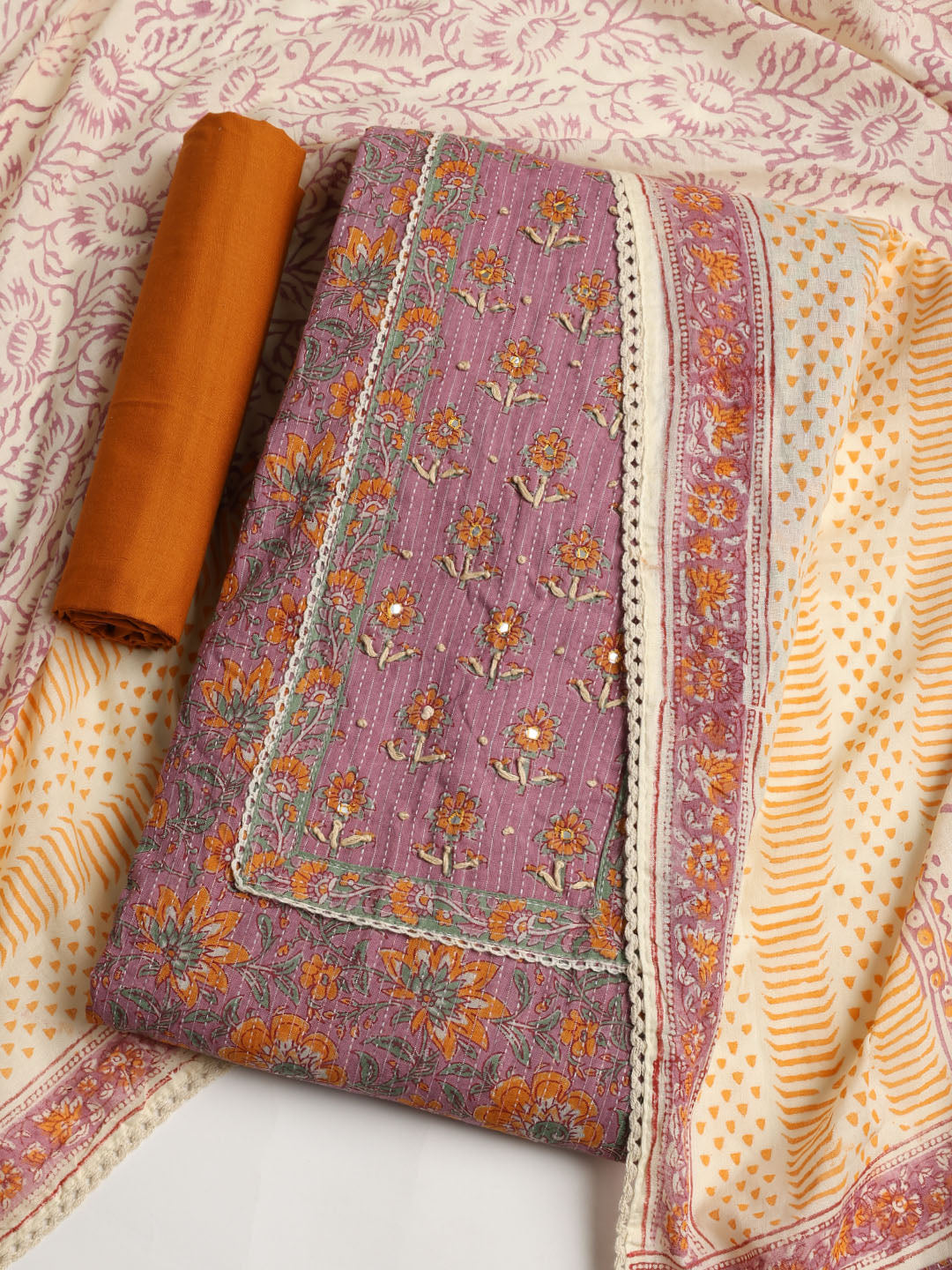 Printed Cotton Blend Unstitched Suit With Dupatta