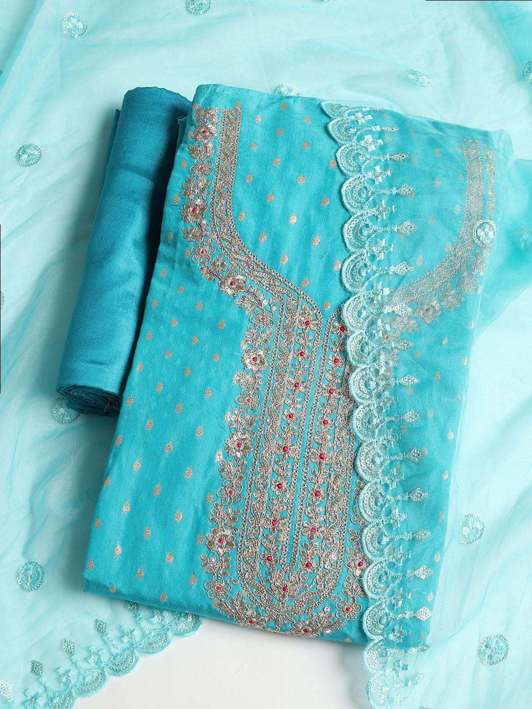 Neck Embroidered Chanderi Unstitched Suit With Dupatta