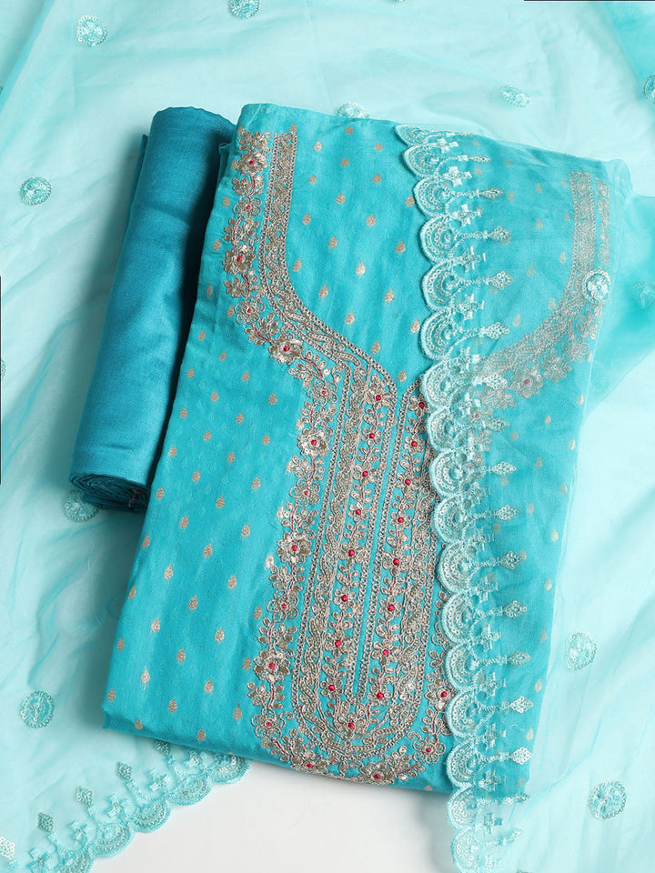 Neck Embroidered Chanderi Unstitched Suit With Dupatta
