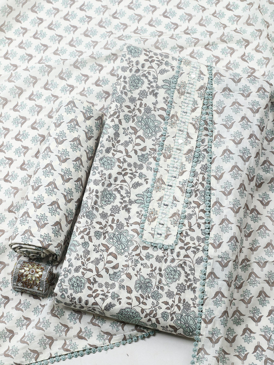 Embellished Cotton Blend Unstitched Suit With Pant &amp; Dupatta