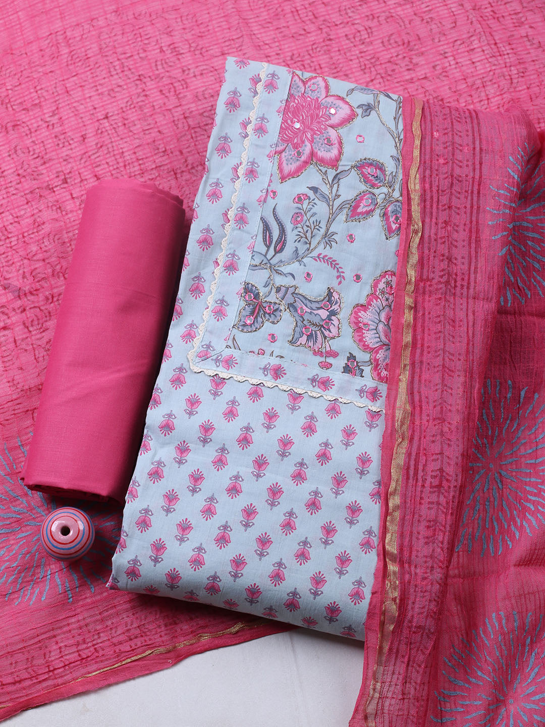 Printed Cotton Blend Unstitched Suit With Pant &amp; Dupatta