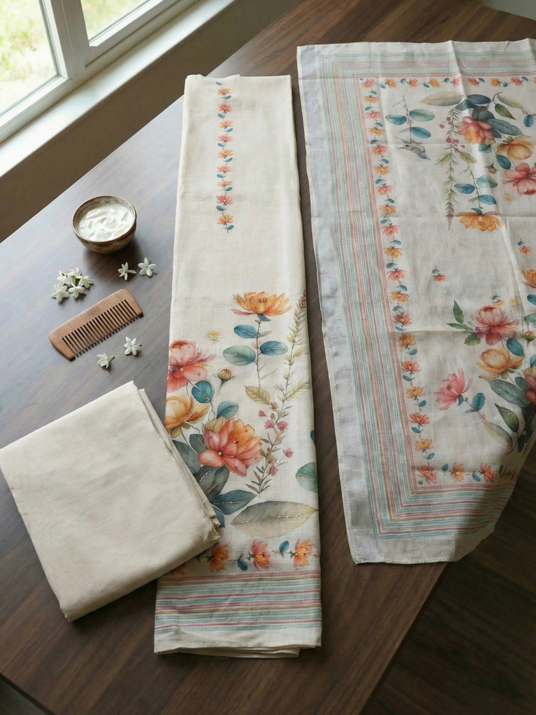 Printed Linen Blend Unstitched Suit With Pant &amp; Dupatta