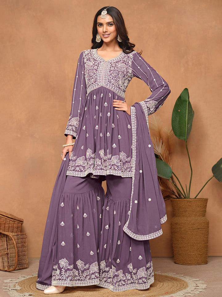 Embroidered Georgette Semi Stitched Kurta With Sharara &amp; Dupatta