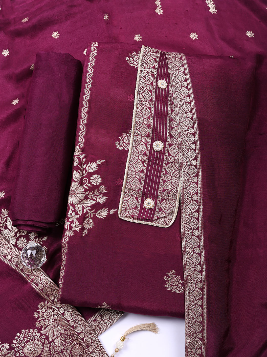 Embroidered Chanderi Unstitched Suit With Pant &amp; Dupatta