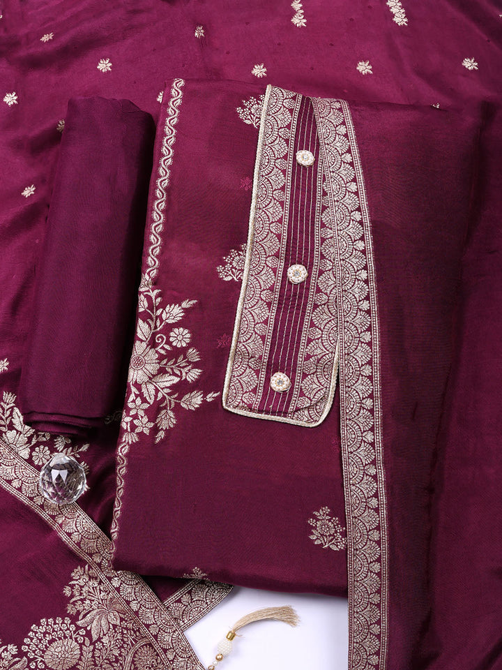 Embroidered Chanderi Unstitched Suit With Pant &amp; Dupatta