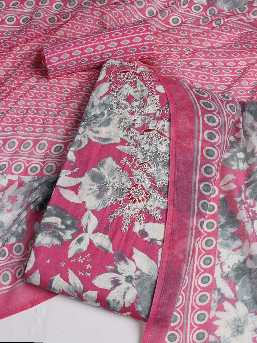Printed Cotton Blend Unstitched Suit With Dupatta