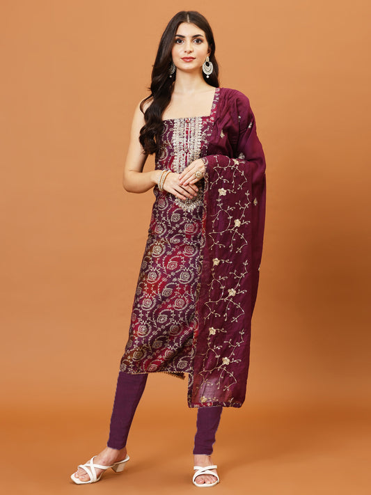 Neck Embroidered Cotton Blend Unstitched Suit Piece With Dupatta