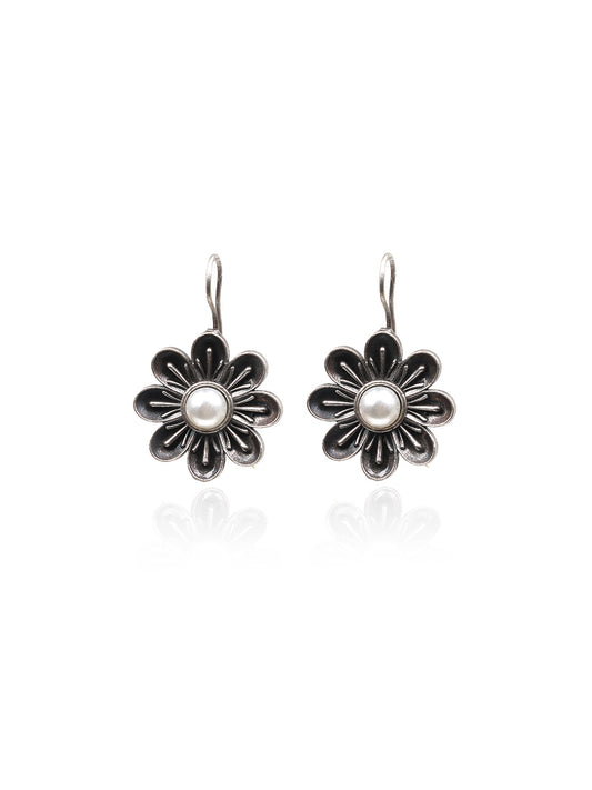 White Pearl Flower Oxidized Earring