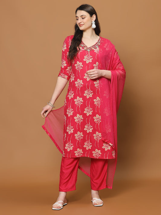 Printed Cotton Blend Kurta With Pants & Dupatta