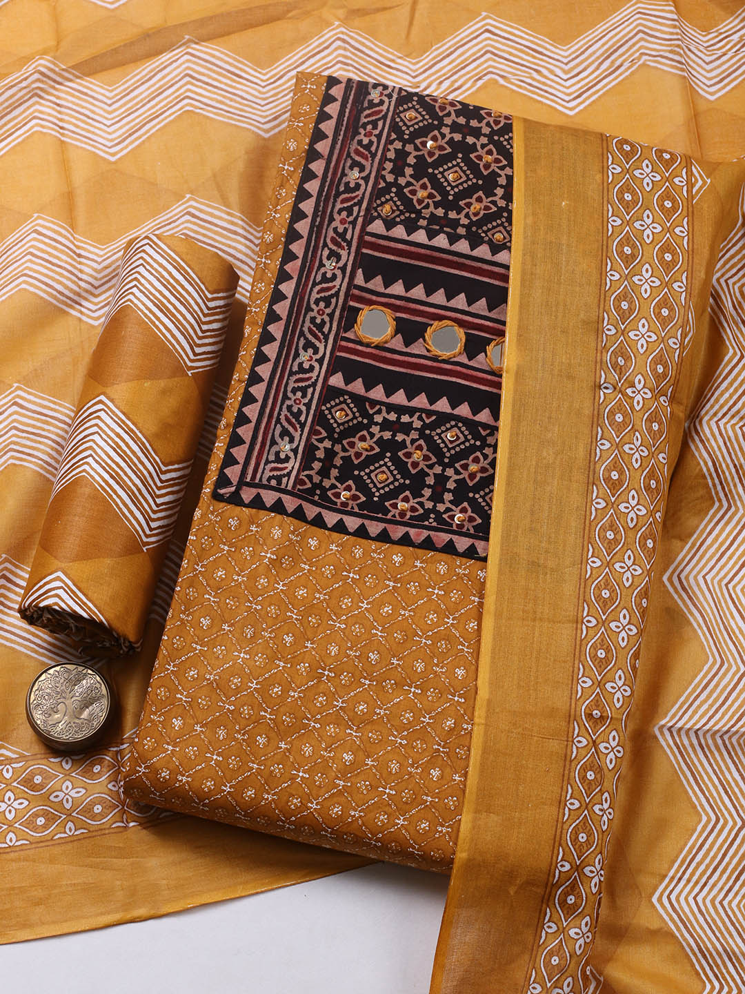 Printed Cotton Blend Unstitched Suit With Pant &amp; Dupatta