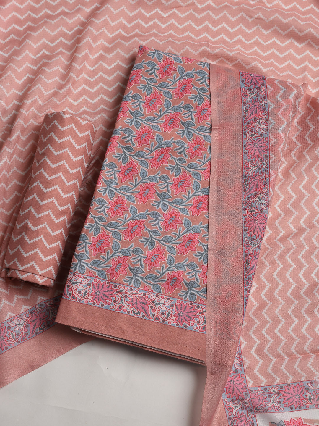 Printed Cotton Blend Unstitched Suit With Dupatta