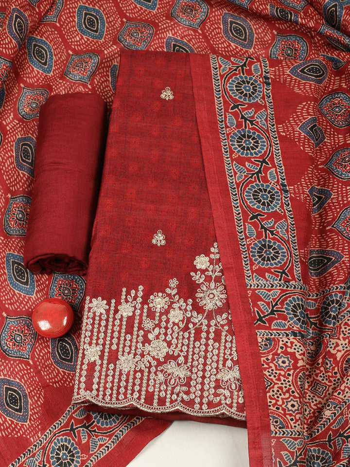 Embroidered Tussar Unstitched Suit With Pant &amp; Dupatta