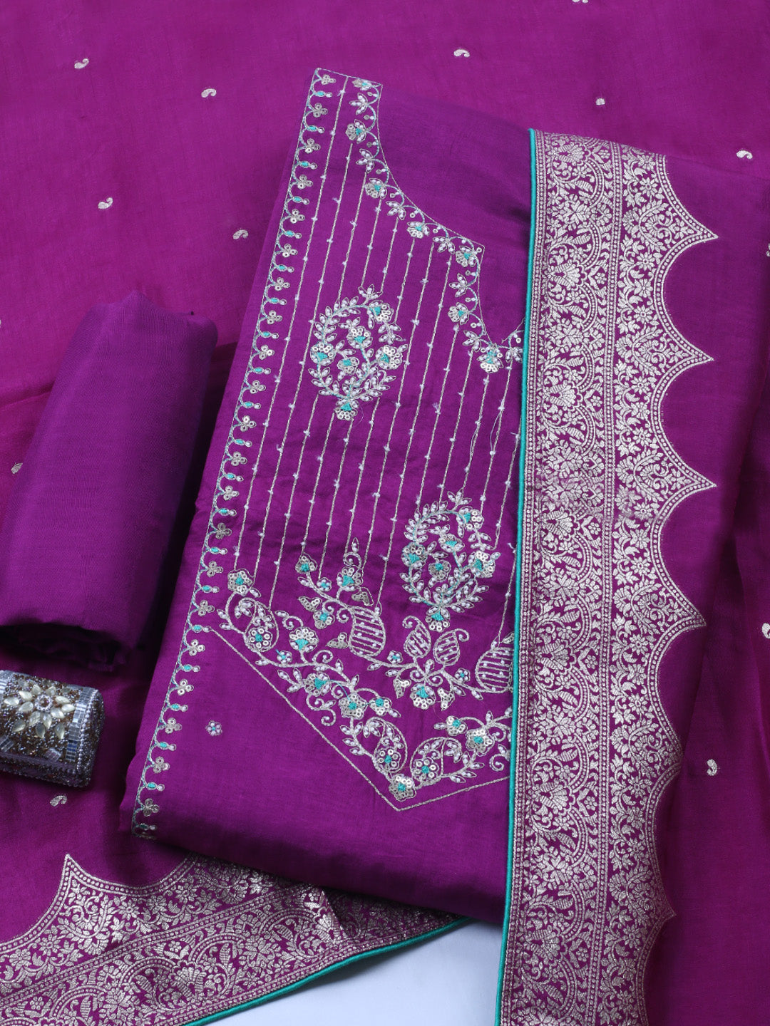 Embroidered Chanderi Unstitched Suit With Pant &amp; Dupatta