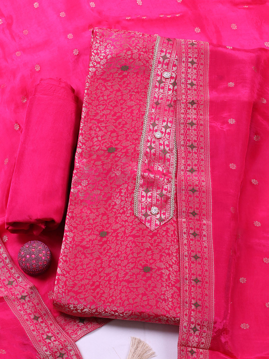 Embroidered Chanderi Unstitched Suit With Pant &amp; Dupatta