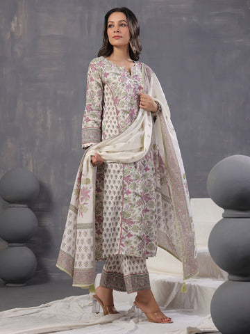 Floral Print Cotton Kurta With Pants & Dupatta