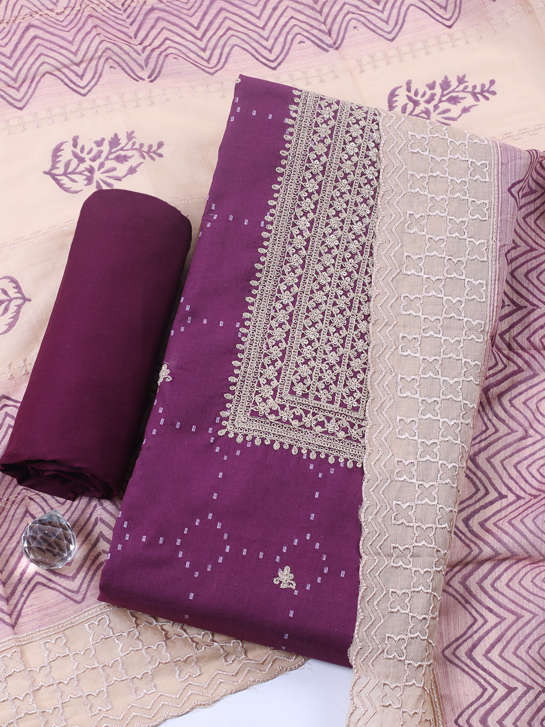 Embroidered Cotton Blend Unstitched Suit With Pant &amp; Dupatta