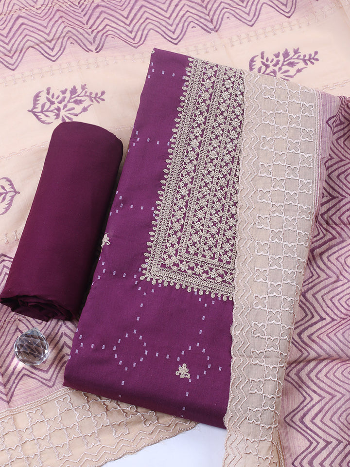 Embroidered Cotton Blend Unstitched Suit With Pant &amp; Dupatta