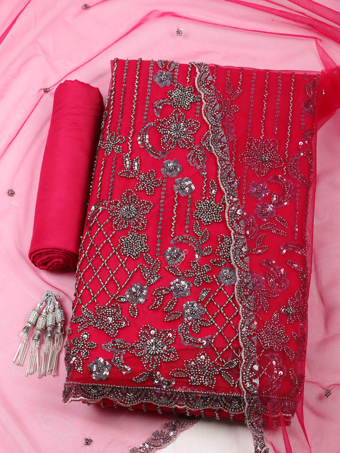 Embroidered Net Unstitched Suit With Pant &amp; Dupatta