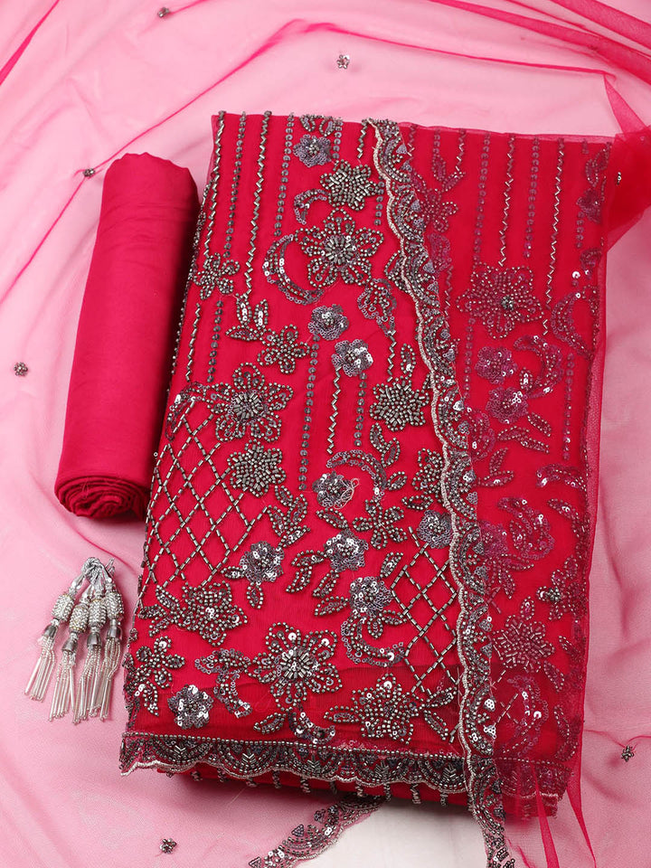 Embroidered Net Unstitched Suit With Pant &amp; Dupatta