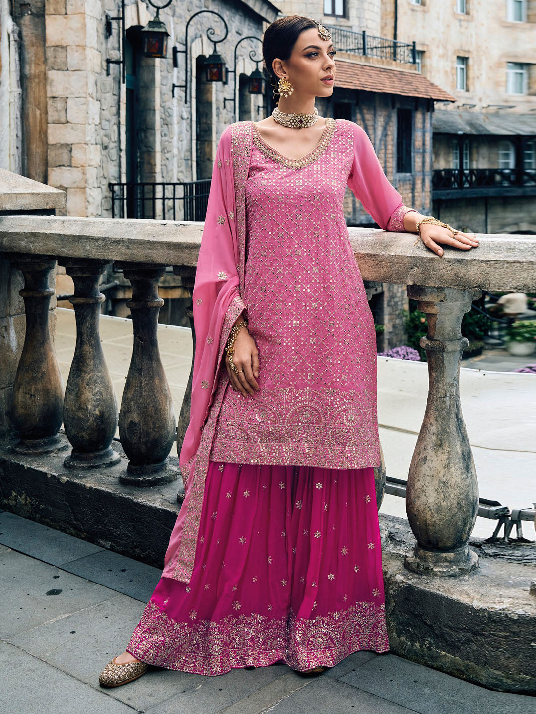 Embroidered Georgette Semi Stitched Suit With Sharara &amp; Dupatta