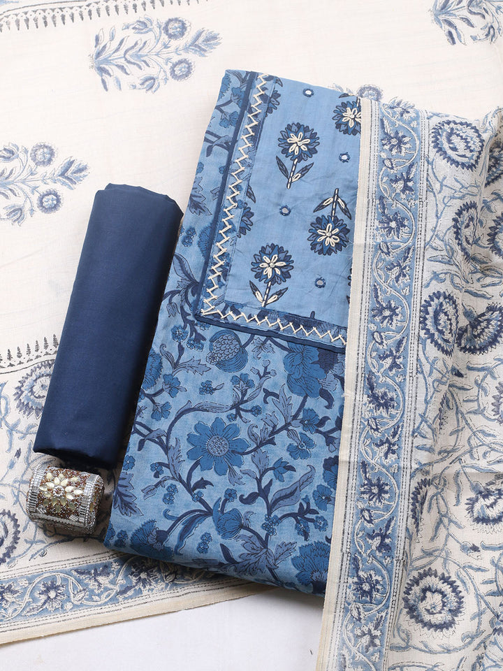 Printed Cotton Blend Unstitched Suit With Pant &amp; Dupatta
