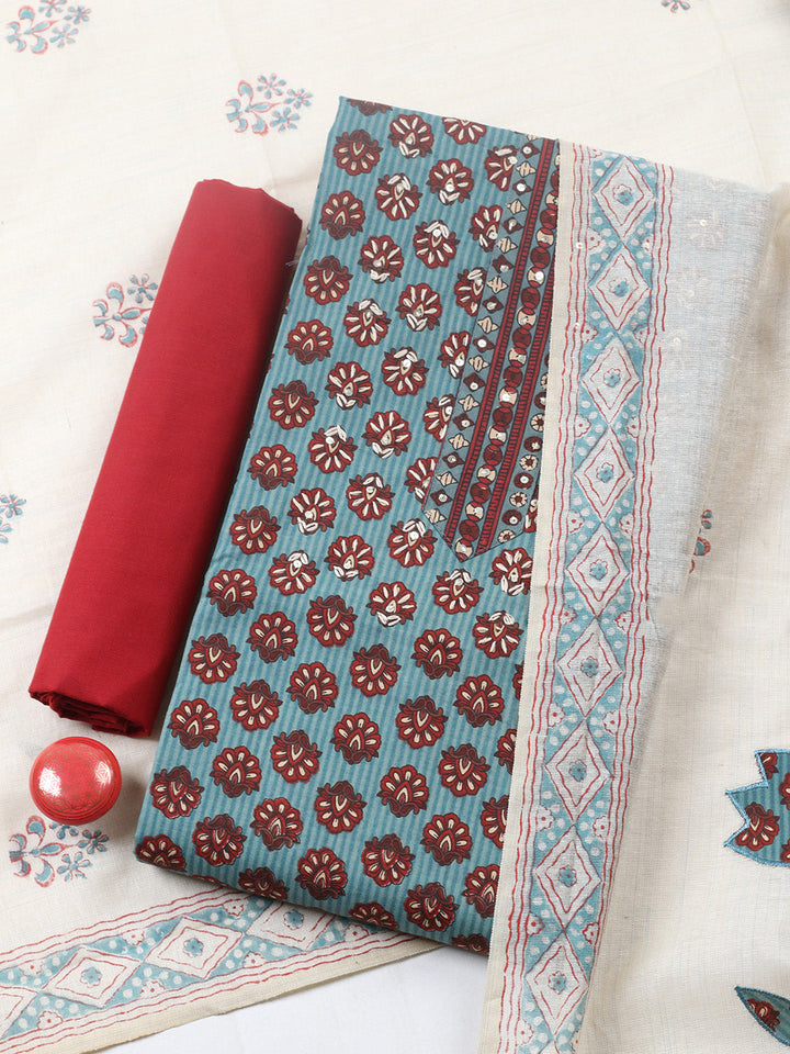 Printed Cotton Blend Unstitched Suit With Pant &amp; Dupatta