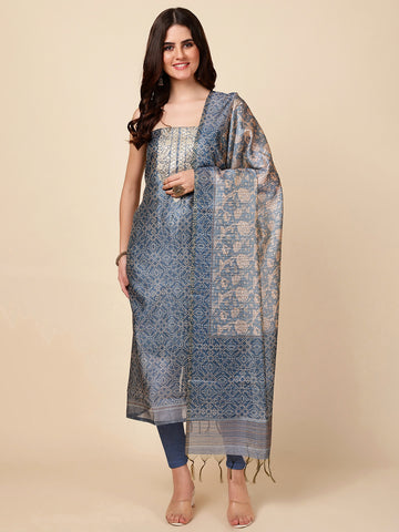 Neck Embroidered Chanderi Unstitched Suit Dupatta