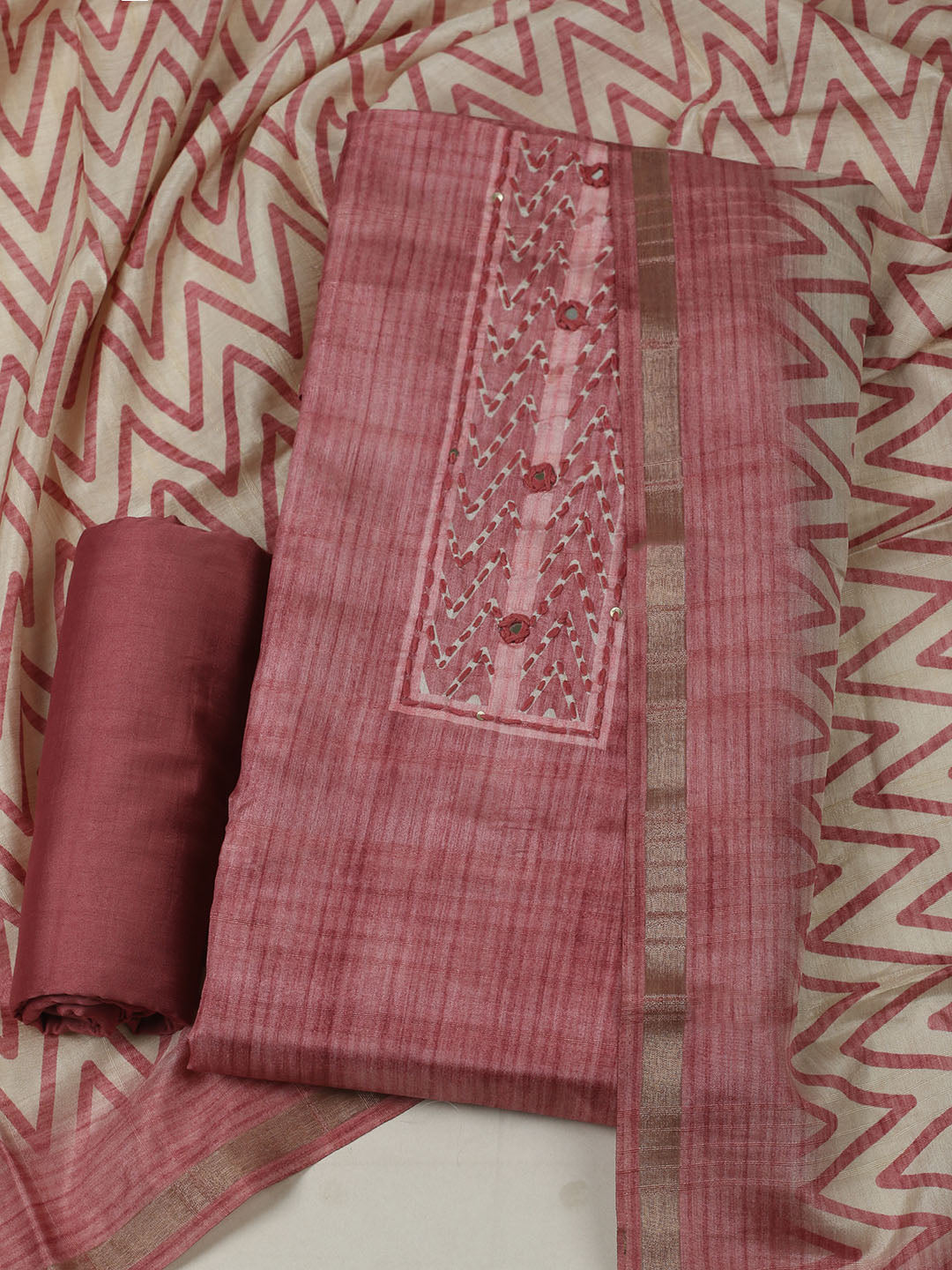 Embroidered Chanderi Unstitched Kurta With Pant &amp; Dupatta