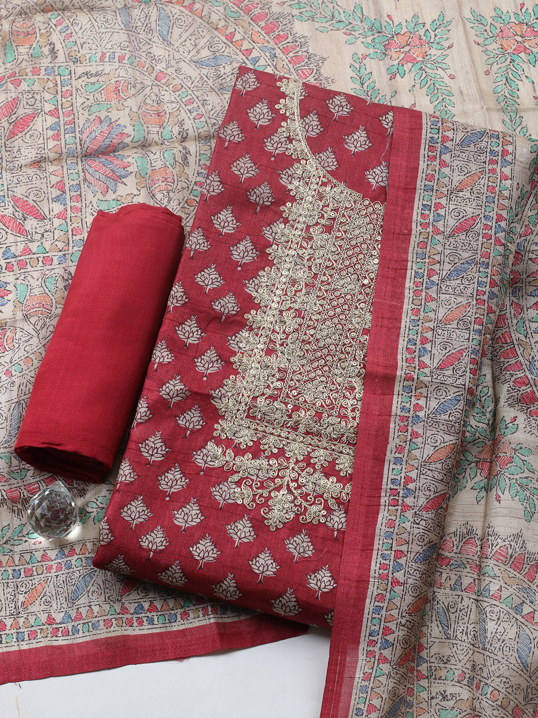 Embroidered Cotton Blend Unstitched Suit With Pant &amp; Dupatta