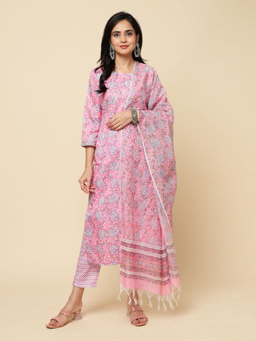 Floral Printed Cotton Kurta With Pants & Dupatta