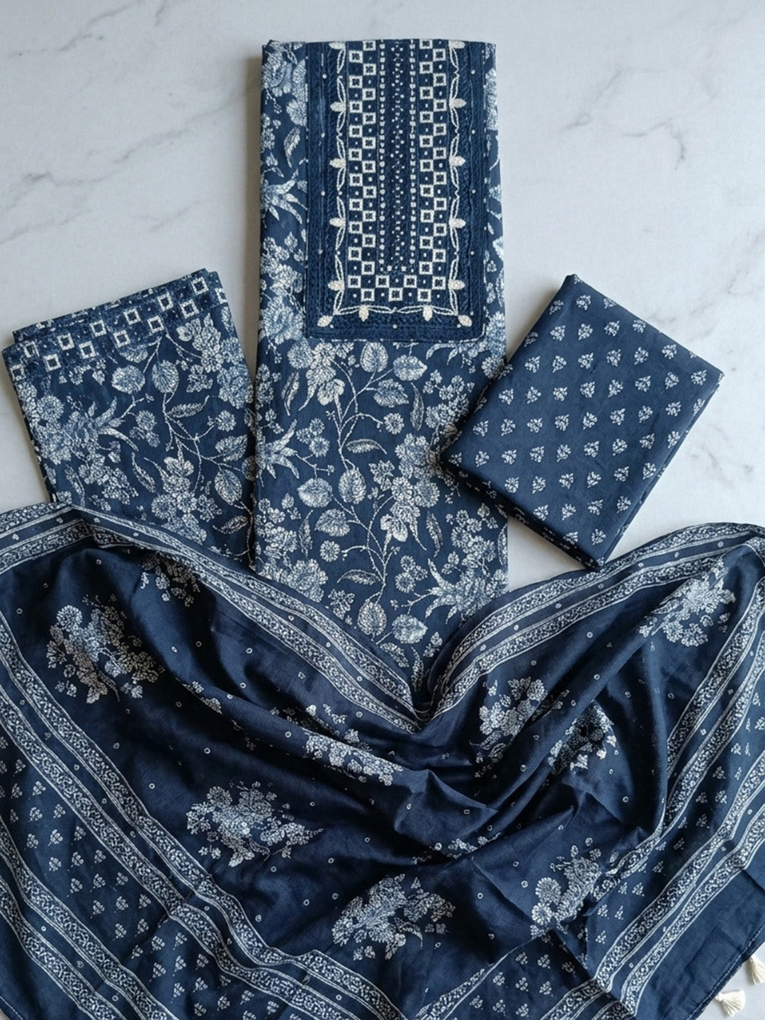 Embroidered Cotton Blend Unstitched Suit With Pant &amp; Dupatta
