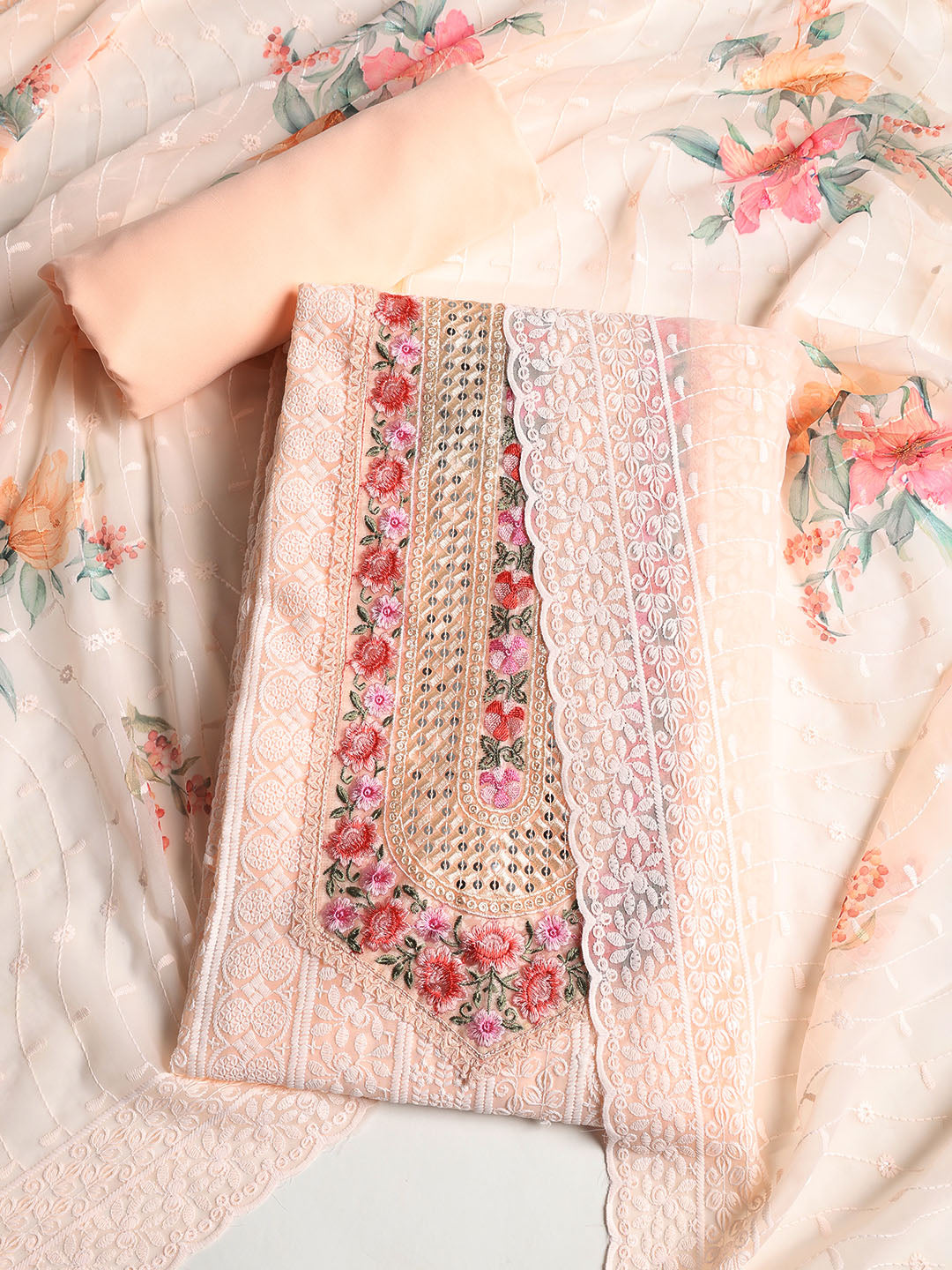 Chikan Work Georgette Unstitched Suit With Dupatta