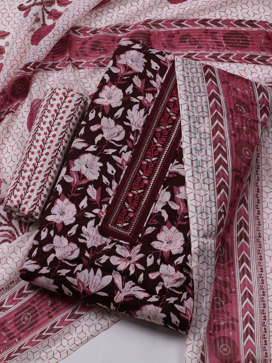 Patch Neck Cotton Blend Unstitched Suit With Dupatta