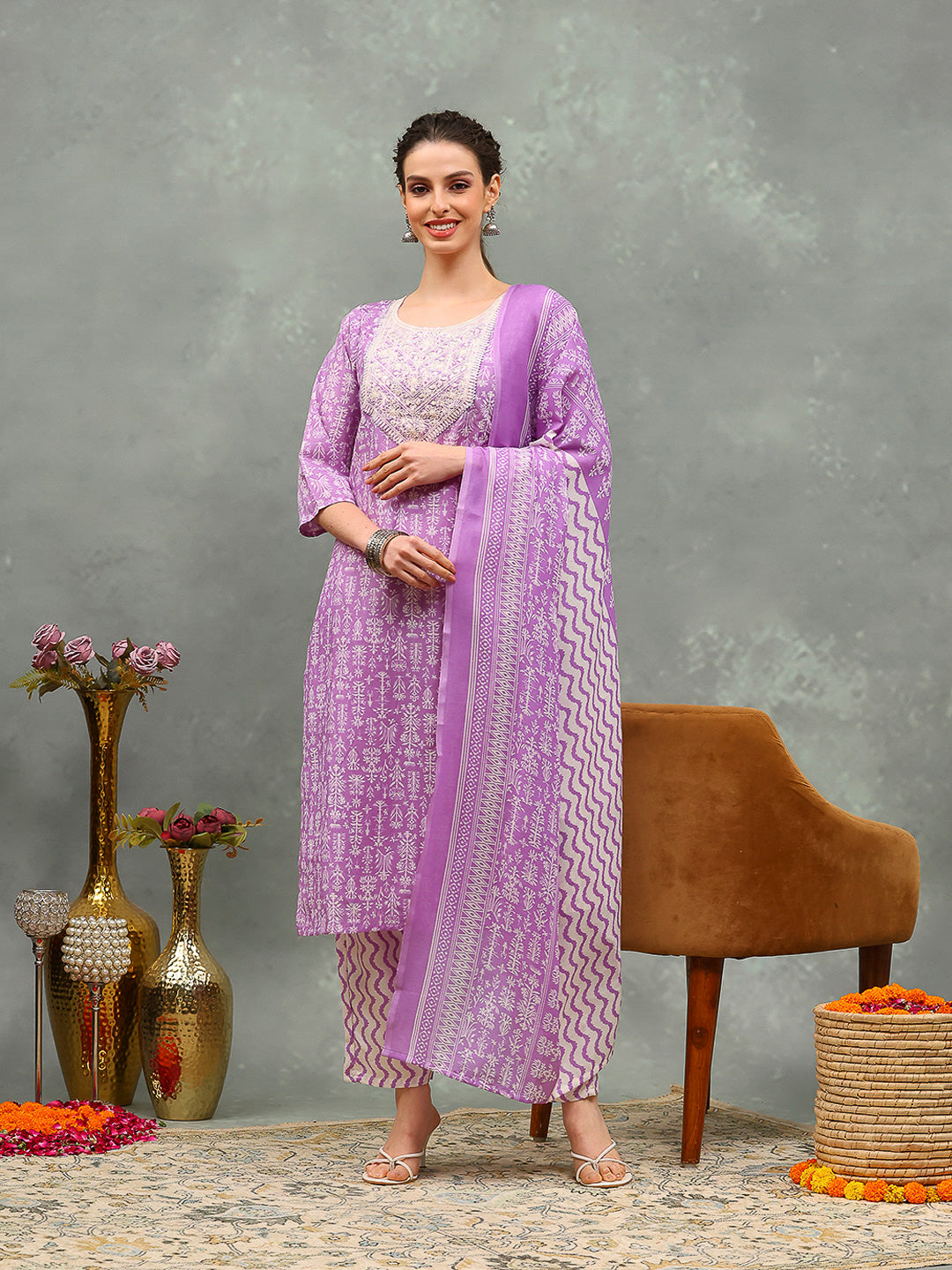Printed Cotton Blend Kurta With Pants & Dupatta