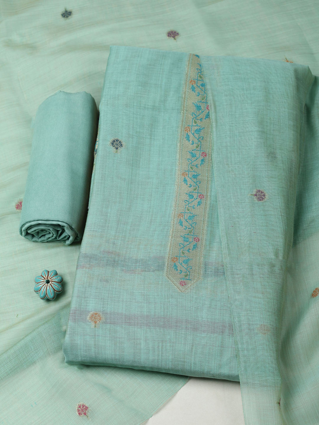 Embroidered Chanderi Unstitched Suit With Pant &amp; Dupatta