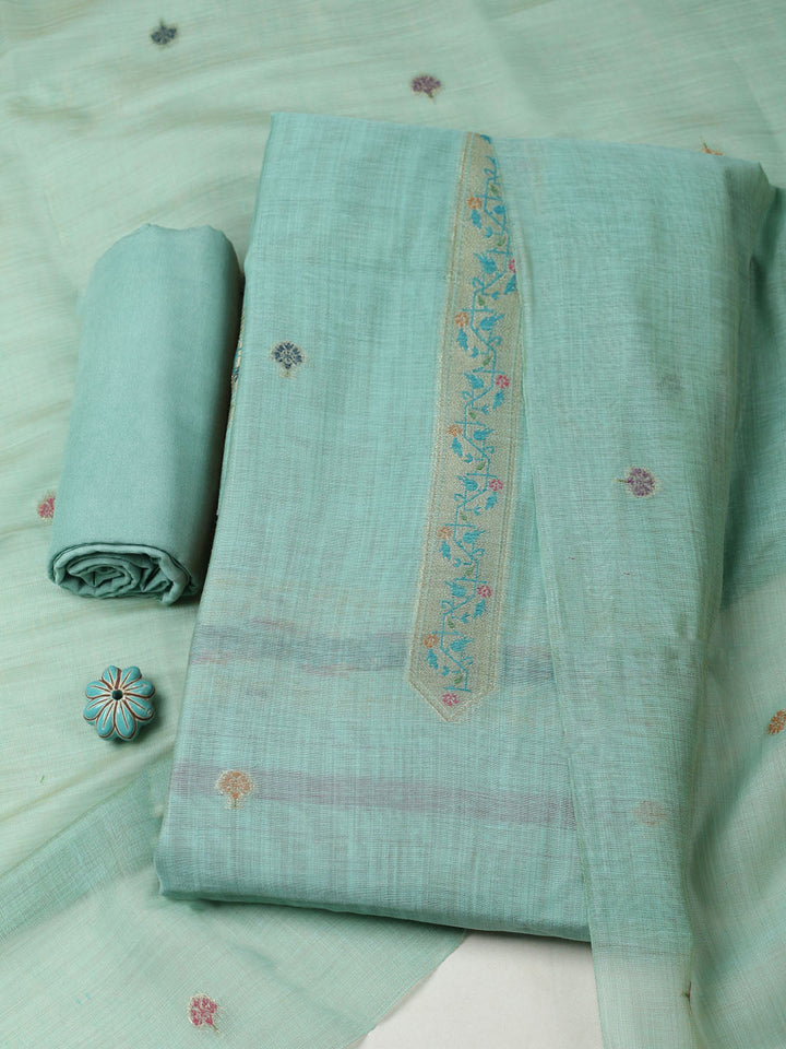 Embroidered Chanderi Unstitched Suit With Pant &amp; Dupatta