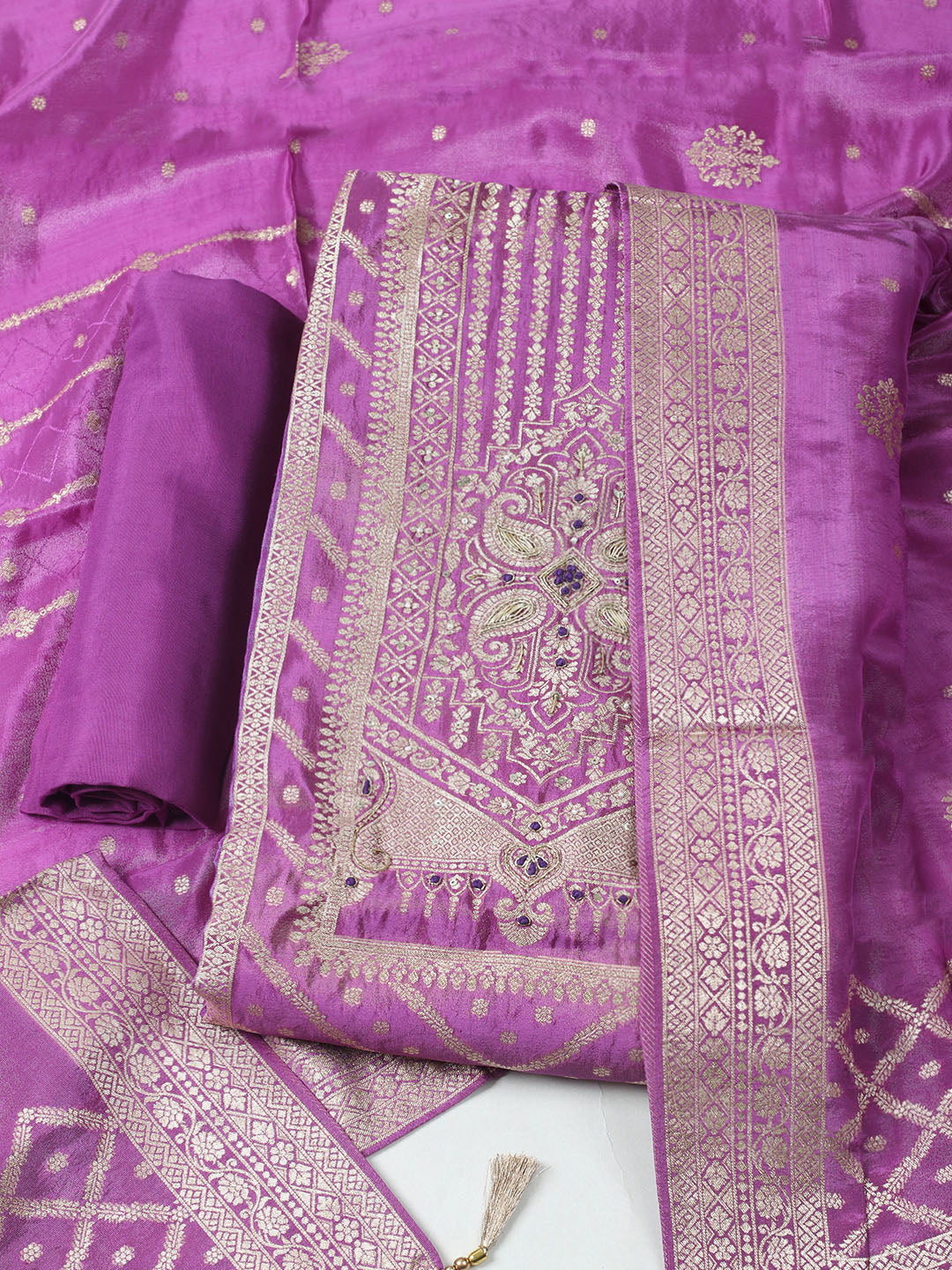 Woven Design Chanderi Unstitched Kurta With Pant &amp; Dupatta