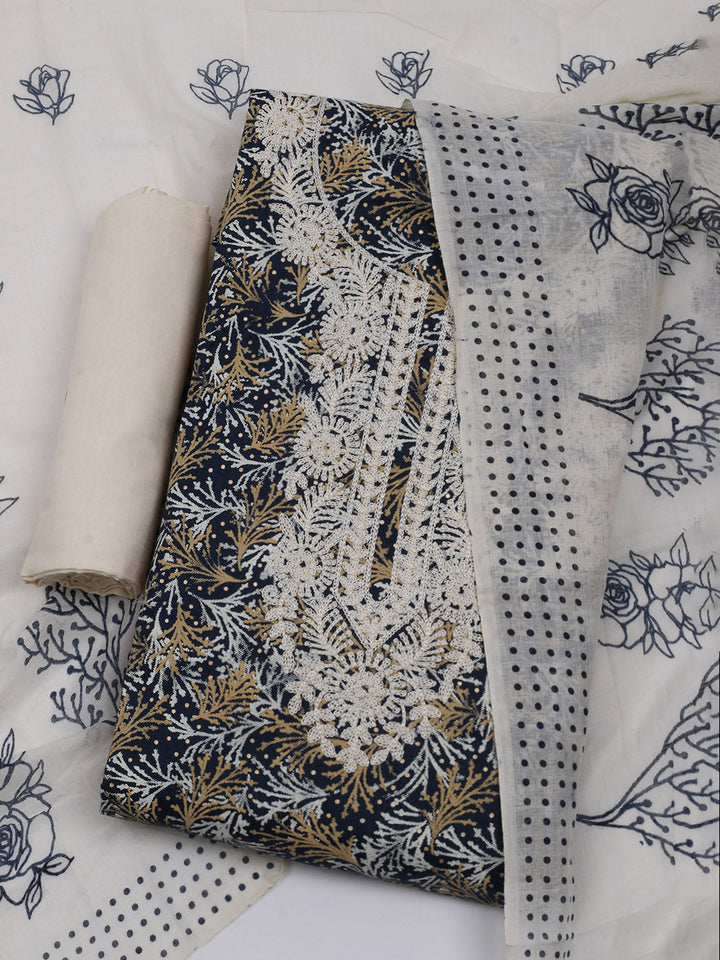 Neck Embroidered Cotton Blend Unstitched Suit With Dupatta
