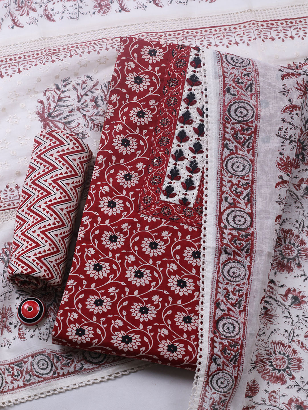 Embroidered Cotton Blend Unstitched Suit With Pant &amp; Dupatta