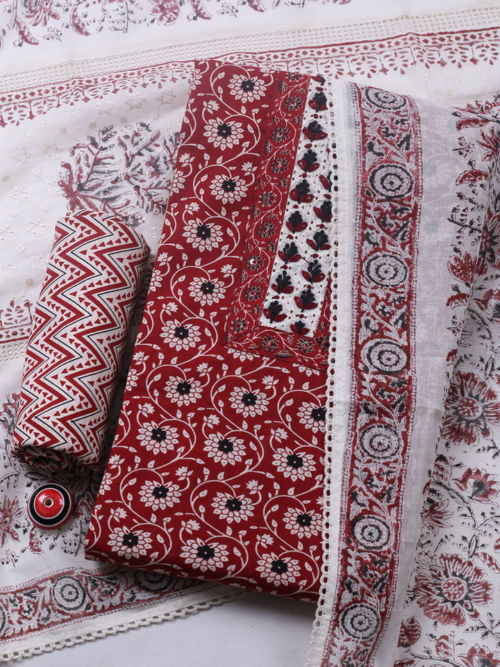 Embroidered Cotton Blend Unstitched Suit With Pant &amp; Dupatta