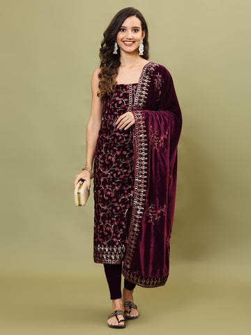 Neck Embroidered Velvet Unstitched Suit Piece With Dupatta