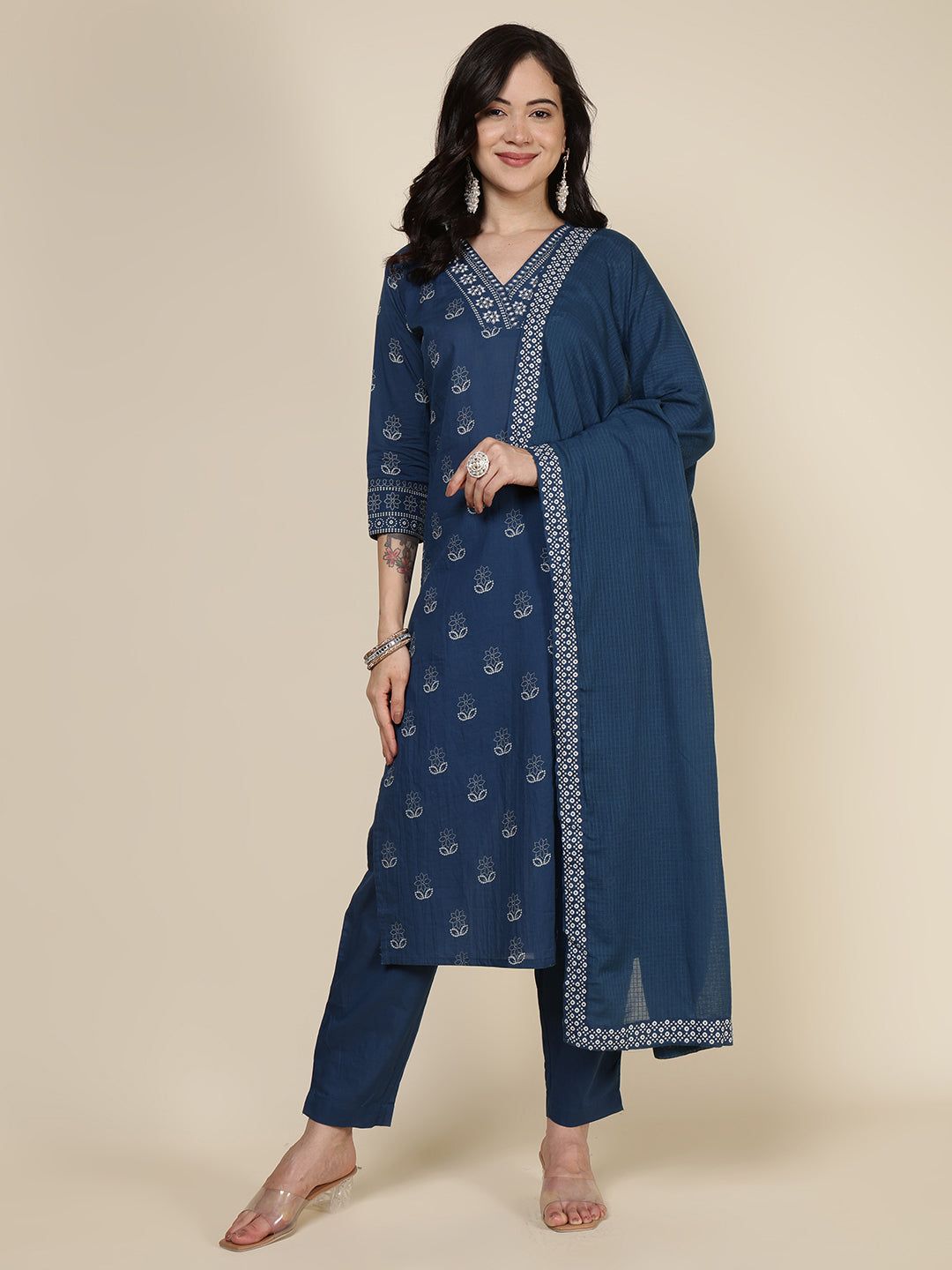 Printed Cotton Blend Kurta With Pants & Dupatta