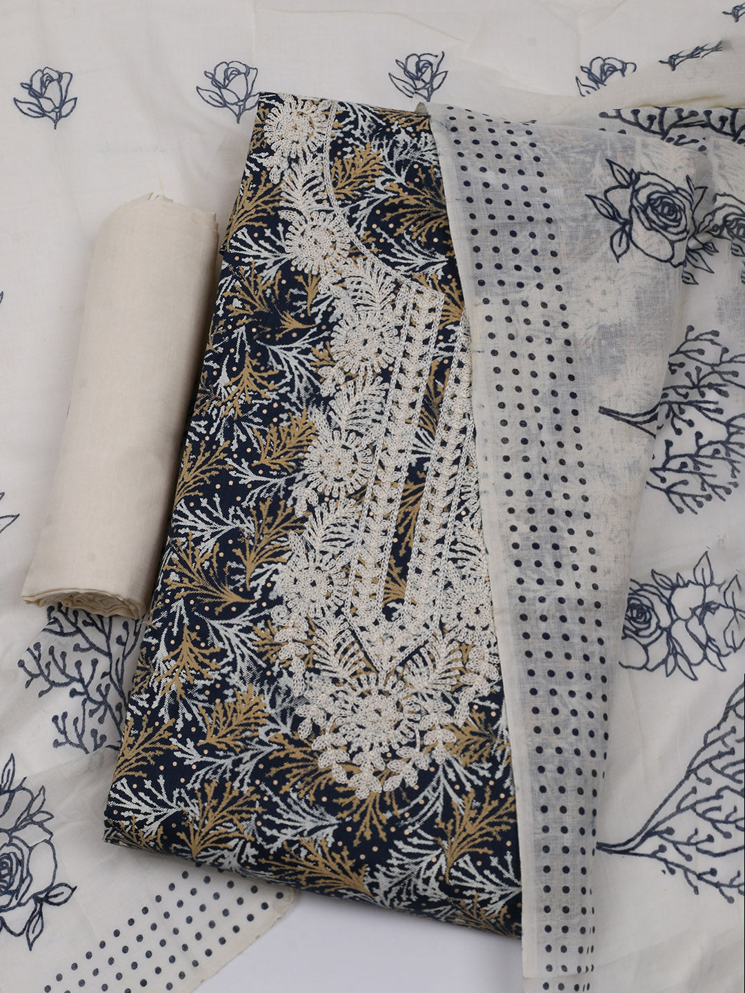 Neck Embroidered Cotton Blend Unstitched Suit With Dupatta