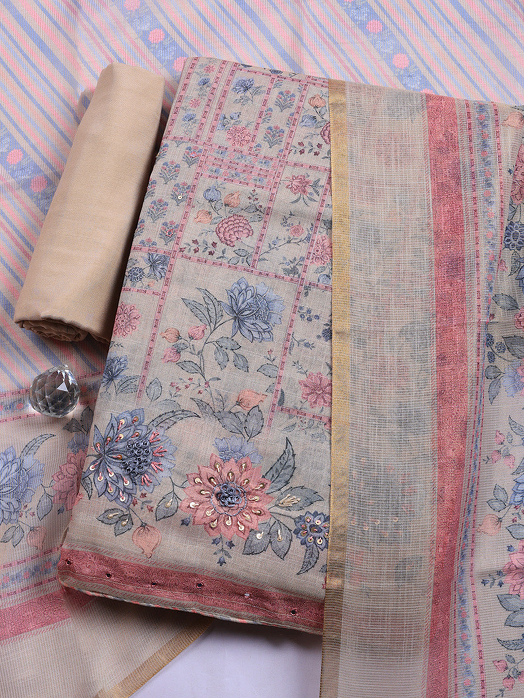 Printed Linen Blend Unstitched Suit With Pant &amp; Dupatta