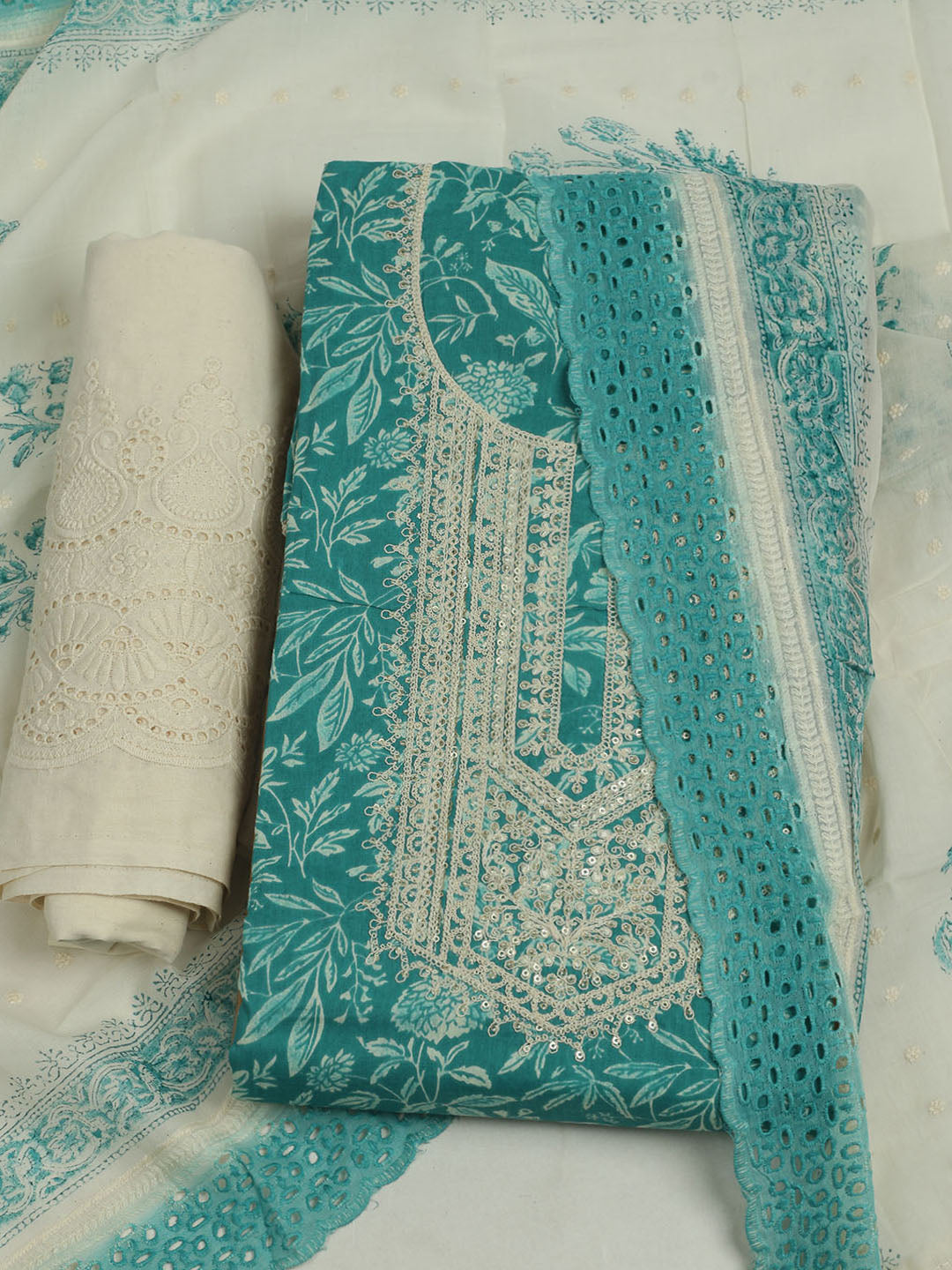 Printed Cotton Unstitched Suits Printed Suit With Pant &amp; Dupatta