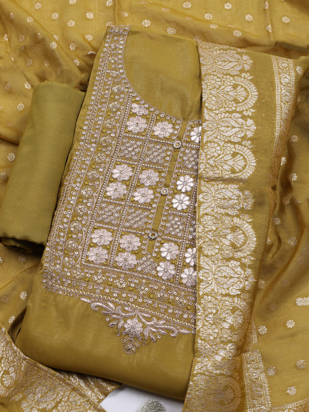Neck Embroidered Chanderi Unstitched Suit With Dupatta