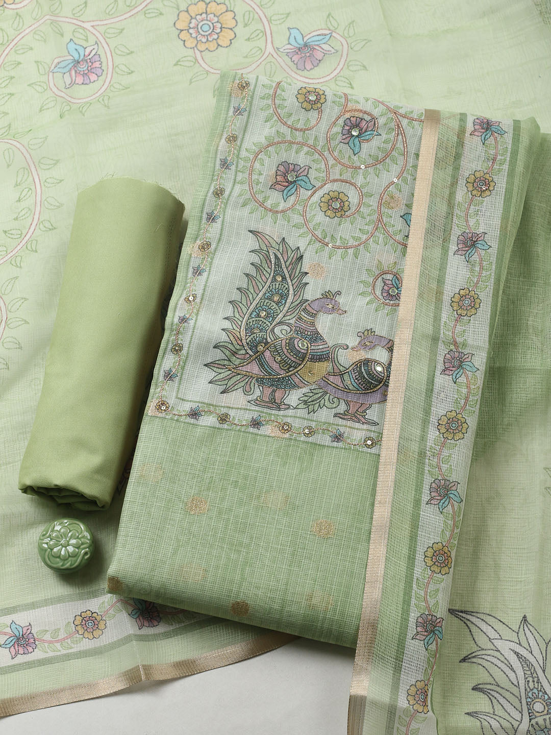Embroidered Cotton Blend Unstitched Suit With Pant &amp; Dupatta